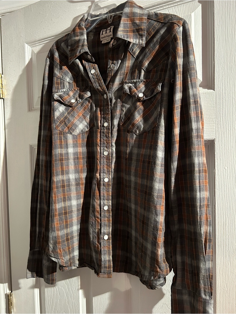 Haute Hippie Plaid Button-Down Shirt - Gray & Brown